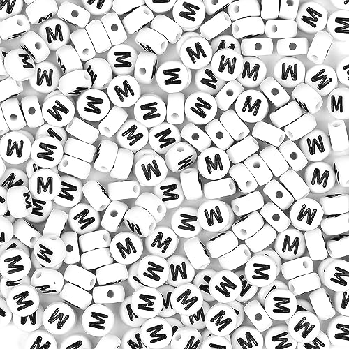 300Pcs Letter Beads M 4X7mm White Alphabet Beads Acrylic Round Shape Loose Beads for Name Bracelets Necklaces Key Chains DIY Jewelry Making (M) - color: Black, size: M