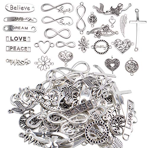 Aylifu Words Connector Charms, 50 Pieces Mixed Word Letter Connector Pendant Infinity Symbol Link Charms Findings for DIY Necklace Bracelet Jewelry Making - color: Silver