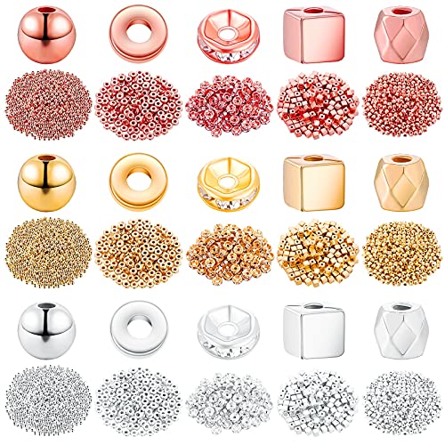 3630 Pieces Assorted Spacer Beads Faceted Rondelle Cube Square Column Loose Beads Crystal Round Charms for Jewelry Making DIY, 5 Styles(Dark Gold, Silver, Red Copper) - color: Dark Gold, Silver, Red Copper
