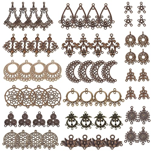 SUNNYCLUE 1 Box 64Pcs Assorted Chandelier Connector Charms Tibetan Style Antique Bronze Flower Dream Catcher Charm Earring Findings Loops Vintage Linking Connector Pendants for Jewelry Making - color: 16 Style 64pcs Antique Bronze