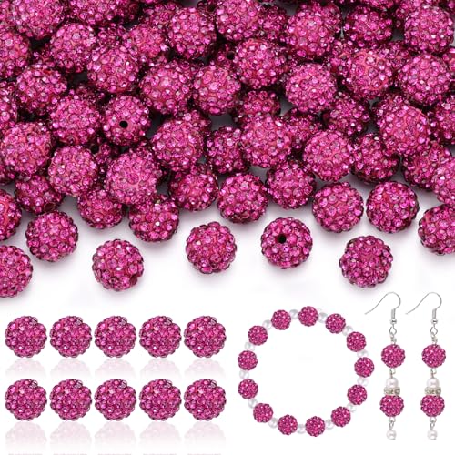 160pcs 10mm Rhinestone Beads for Jewelry Making, Fuchsia Shiny Round Disco Ball Beads Bulk, Sparkle Crystal Clay Christmas for Bracelet Baseball Necklace Earring Crafting and DIY - color: Fuchsia, size: 160 pcs