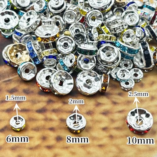 80pcs 10mm Rondelle Spacer Beads Silver Plated Crystal Rhinestone Spacer Loose Beads for Jewelry Making DIY Bracelets Necklace Earring Craft(Light Blue) - color: Light Blue, size: 10mm