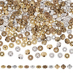 SUNNYCLUE 1 Box 240Pcs 12 Styles 6mm Spacer Beads Tibetan Style Alloy Spacer Beads Mini Antique Silver Gold Bronze Flat Round Daisy Bicone Retro Metal Bead for DIY Bracelet Necklace Jewelry Making