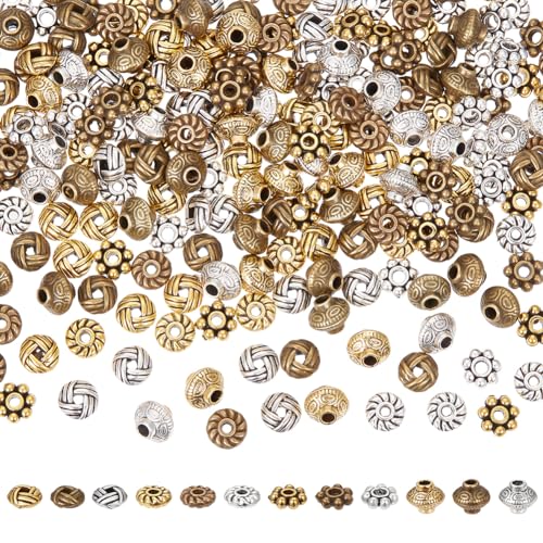 SUNNYCLUE 1 Box 240Pcs 12 Styles 6mm Spacer Beads Tibetan Style Alloy Spacer Beads Mini Antique Silver Gold Bronze Flat Round Daisy Bicone Retro Metal Bead for DIY Bracelet Necklace Jewelry Making