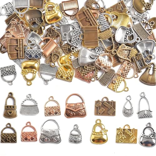 stino Metal Charms for Jewelry Making 100gram, Bulk Tibetan Silver & Gold Plated Trinkets for Earring Necklace Jewelry Making and Findings - color: Handbag Glod Silver