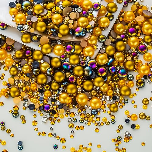 60g Gold Flat Back Pearls Rhinestones for Crafts Mixed Size 3mm-10mm AB Color Round Half Pearls Flatback Pearl Beads and Resin Rhinestones Set for Face Art with Glue - color: Gold Series, size: 60g