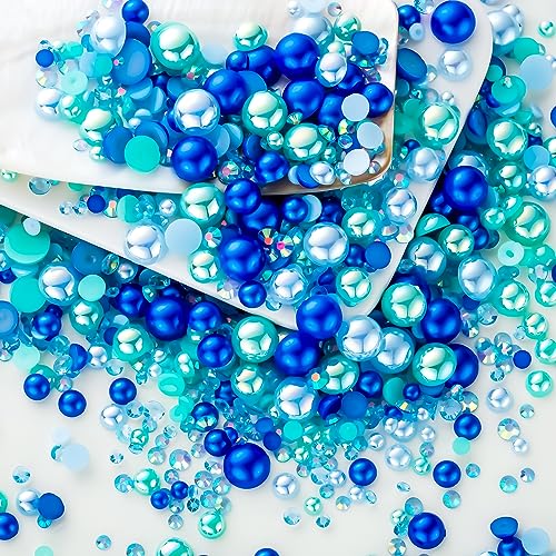 60g Cyan Blue Flat Back Pearls Rhinestones for Crafts Mixed Size 3mm-10mm AB Color Round Half Pearls Flatback Pearl Beads and Resin Rhinestones Set for Face Art with Glue - color: Cyan-Blue Series, size: 60g