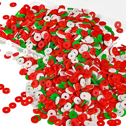 Batiyeer 3000 Pcs Christmas Fall Halloween Clay Beads Set 6 mm Patriotic 4th of July Spacer Beads Winter Polymer Clay Bead for Necklace Earring Bracelet Making(Red, Green, White) - color: Red, Green, White