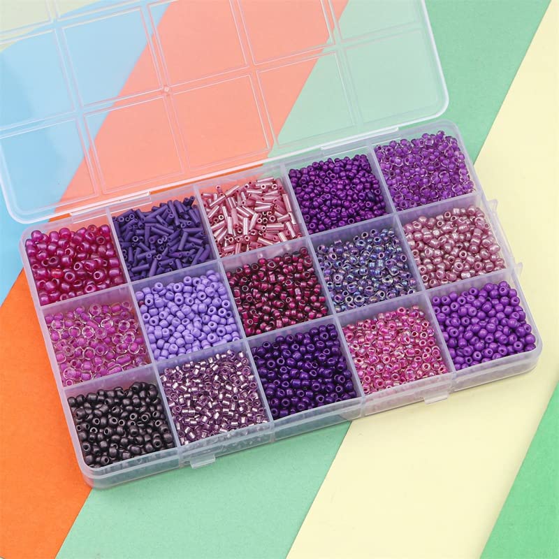 Mix 15 Color Glass Seed Tube Beads Glass Bugle Beads Loose Kit for Jewelry Making DIY Craft Beading (Mix 15 Color, Purple) - color: Purple