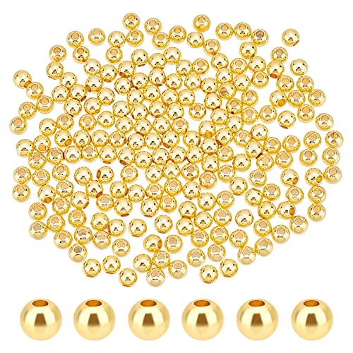PH PandaHall 400pcs 4mm Smooth Gold Beads 18K Gold Plated Brass Beads Long-Lasting Round Spacer Bead Seamless Loose Ball Bead for Summer Hawaii Stackable Necklace Bracelet Earring Making - size: 4mm