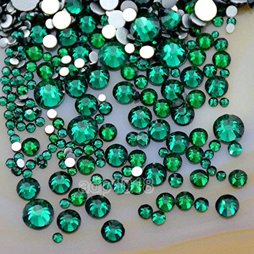 AD Beads 1440 Pieces Mixed Size No Hotfix Glue on Quality Glass Flatback Rhinestones Round Crystal Gems (11 Emerald) - color: Emerald 11