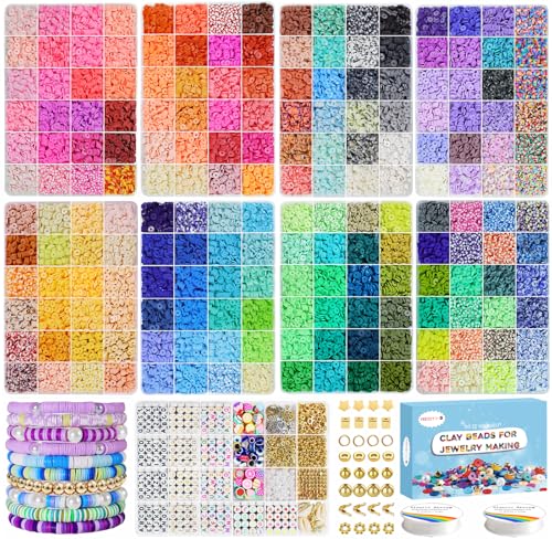 Redtwo 46000 Pcs Clay Beads Friendship Bracelet Making Kit, 192 Colors 9 Boxes Flat Polymer Clay Heishi Beads Set for Jewelry Making with Letter Bead Elastic String, Gifts for Girls 8-12 - color: 192 Color 46000pcs