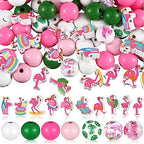 Tradder 200 Pcs Summer Flamingo Beach Beads Set Tropical Round Wood Charms with Swim Rings, Surfboards, Palm Leaves for DIY Jewelry, Pool Party Favors, Hawaiian Crafts & Home Decor - style: Flamingo