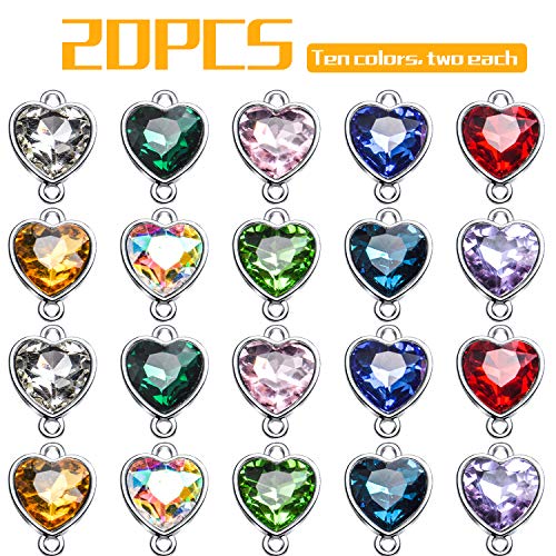 BronaGrand Crystal Birthstone Pendants, 20pcs Mixed Colors Heart Crystal Birthstone Charms Glass Gemstone Pendants Flat Round Glass Links Charms with Double Loop Bail Connectors for Jewelry Making