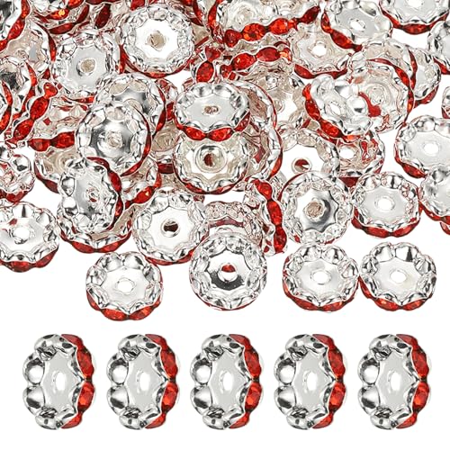 PATIKIL 12mm Wavy Rhinestone Spacer Beads, 100Pack Loose Jewelry Making Spacers Beadable Rondelle Diamond Beads DIY Bracelets Pen Silver Plated for Craft Supplies Decor, Red - color: Red