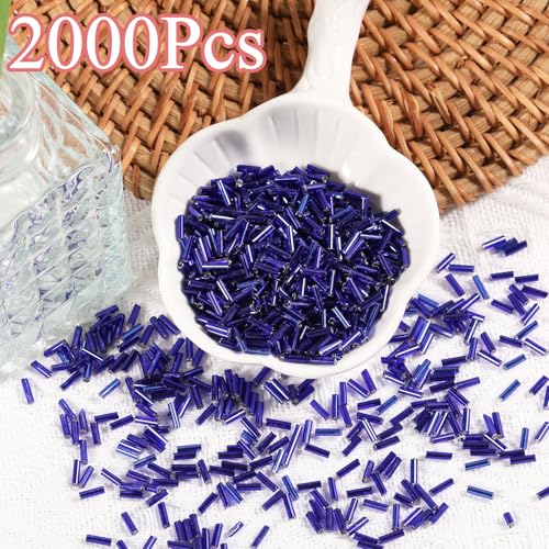 2000Pcs Tube Seed Beads 2x7mm Mini Long Glass Bugle Bead Small Craft Loose Spacer Beads for DIY Phone Charms Waist Bead Bracelets Earrings Necklaces (Royal Blue) - color: Royal blue