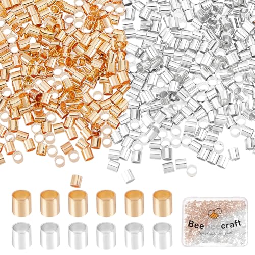 Beebeecraft 1000Pcs 2 Colors Tube Crimp Beads 18K Gold & 925 Sterling Silver Plated Brass Stopper Crimping Bead Column Positioning Beads for Jewelry Making DIY Crafts Findings, Tiny 2x2mm - color: Gold & Silver