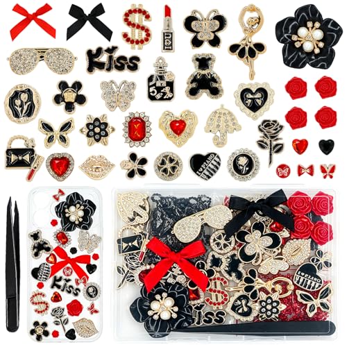 RidaaFri Junk Phone Case Charms Kit, 3D Flatback Rhinestone Gems with Red Black Bow Flower Butterfly Heart Rose, Large Charms Set for DIY Case Craft, Phone Making Supplies Women - color: Black/Red