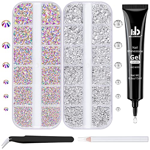 BELLEBOOST Nail Art Rhinestone Glue Gel&2 Boxes Flatback Gems Kit, 1 Tube of 15ml Rhinestone Gel Glue(UV/LED Needed)+Crystal AB Gems+Flat-Back Round Glass Clear Gemstones with Pickup Tools - color: A04-AB+ Clear