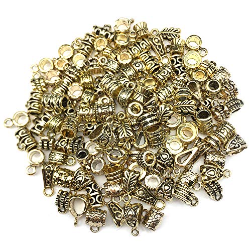 100g (About 125pcs) Antique Gold Bail Tube Spacer Bead Hanger Fit Charm European Bracelet Charms Pendant Bails for Jewelry Making and Crafting (M376) - color: Antique Gold