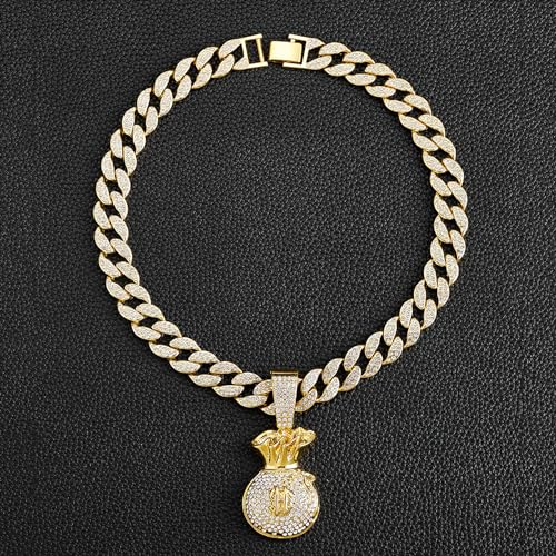 Ice Out Chain for Men Premium Zircon Stones Hypoallergenic Durable Hip-Hop Streetwear Chain Necklace Men - color: Gold, style: Dollars Bag
