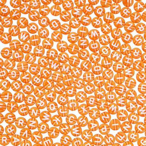1000Pcs Acrylic Transparent Letter Beads Dark Orange Letter Beads 7mm Assorted Alphabet Flat Round Disc Bead Horizontal Loose Spacer Bead for DIY Name Bracelet Necklace Jewelry Making - color: Orange