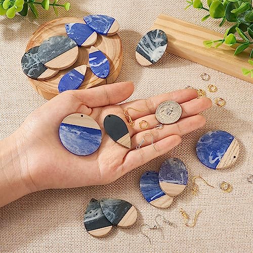 FASHEWELRY 16Pcs Teardrop Round Resin Wood Earring Charms Black Blue Wooden Blanks Geometry Findings for Jewelry Making, DIY-TA0004-37-Biyun - color: Black & Blue-Teardrop & Round