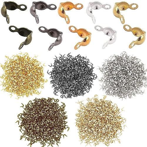1500 Pieces Beads Tips Knot Covers Clamshell Crimp Tips Beads Set Calotte Ends Knot Covers Fold-Over Bead Covers for Jewelry Making DIY Bracelet Necklaces(Multicolor) - color: Multicolor