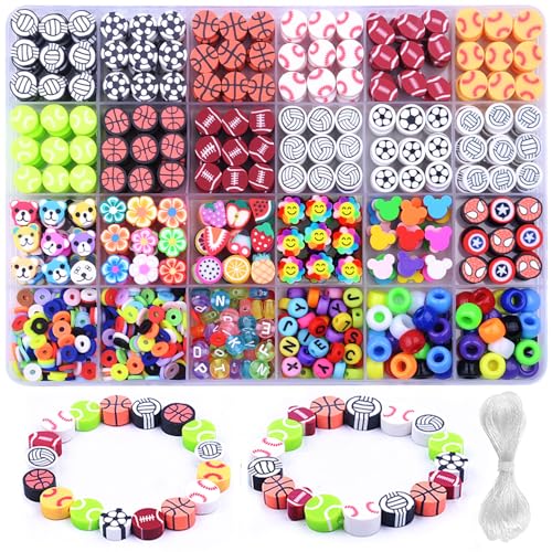 BBita 1000PCS Sports Polymer Clay Beads Bracelet Making kit, 24 Style Cute Fun Ball Beads Baseball Basketball Soccer Rugby Volleyball Football Charms, DIY Bracelet Making kit - color: A3#Style 1