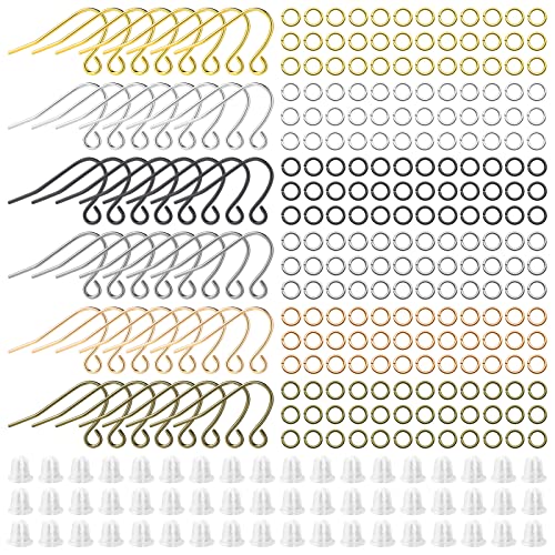 1800Pcs 6 Colors Earring Hooks Set for Jewelry Making,French Hook Earrings Findings Hypoallergenic Ear Wires Fish Hooks with Jump Rings and Earring Backs for DIY Earrings Making Supplies Kit - color: 1800Pcs Gold,Silver,K Gold,White K,Ancient Cyan,Gun Bla