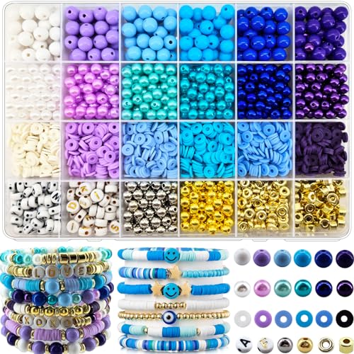 2220pcs Purple Blue Polymer Clay Beads Assorted Pearl Acrylic Round Heishi Flat Round Letter Silver Gold Spacer Beads for Friendship Bracelet Necklace Jewelry Making - color: Blue