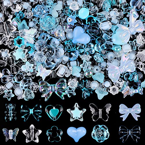 Acrylic Pastel Beads for Jewelry Making, Kalolary Colorful Bow Butterfly Flower Bead for Girl Kawaii Plastic Candy Heart Bead Cute Macaroon Aesthetic Beads for Kids Bracelet Necklace DIY (Blue) - color: Blue