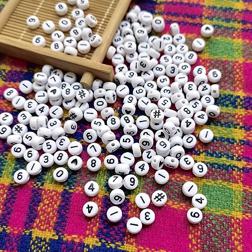 Amaney 500pcs Number Beads 7x4mm 0-9 Heart # White Acrylic Plastic Round Shape Loose Beads - color: White-#, size: 7x4mm