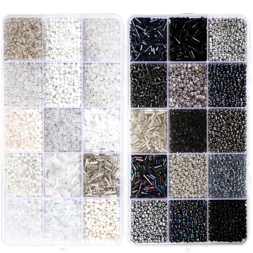 Jexine 2 Sets 30 Colors Glass Seed and Bugle Beads Kit Small Loose Craft Beads for Jewelry Making DIY Crafts Bracelets and Necklaces(Black, White) - color: Black, White