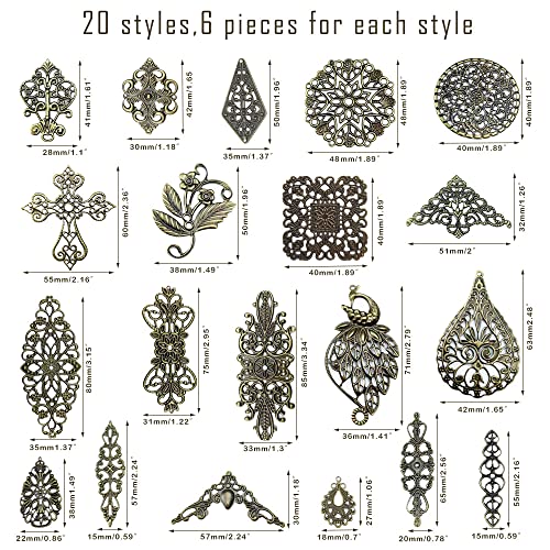 metulip 120Pcs Antique Bronze Filigree Connectors Tibetan Metal Filigree Charms Pendants Links Vintage Filigree Embellishments for Craft DIY Earrings Hairpin Necklace Jewelry Making