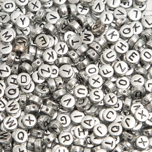 1000pcs Silvery Letter Beads for Bracelets, 4x7mm Black Alphabet A-Z Beads for Jewelry Making Friendship Bracelets (4 * 7 Silver) - color: 4x7mm silver