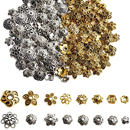 FEBSNOW About 160Pcs Spacer Beads Caps, Bali Style Mixed Tibetan Silver and Antique Gold Flower Bead Caps for Bracelet Necklace Earrings Jewelry Making Supplies - color: antique gold and tibetan silver