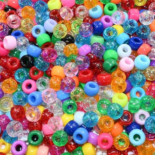 Amaney 500 Pieces 6x9mm Pony Beads Mixed Colors Glitter Transparent Big Hole Plastic Beads (Mixd) - color: Mixed