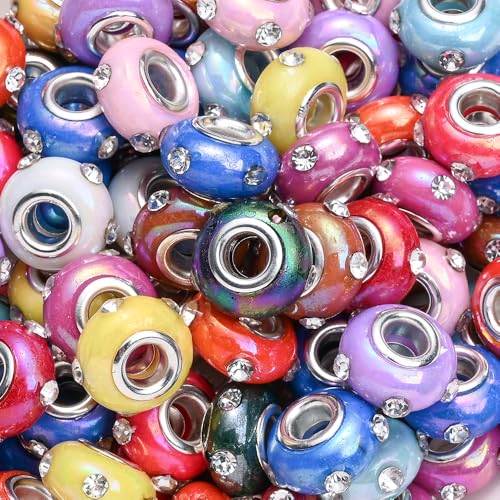 PIPITREE 40PCS Acrylic Beads 8 * 15mm Focal Beads for Pens Acrylic Flat Bulk Bead Rhinestone AB Mixed Color 6mm Large Hole Bead for Keychains Beadable Pens DIY Crafts Jewelry Making & Gift Giving - color: Rhinestone