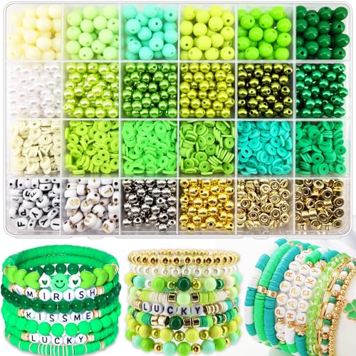 2220Pcs St. Patrick's Day Beads for Bracelets Jewelry Making, Green Assorted Bracelet Making Kit Clay Beads Pearl Beads Acrylic Round Beads Heishi Beads Letter Spacer Beads Bulk for Earrings DIY Craft - color: Green