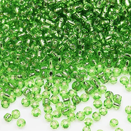 Bala&Fillic Green Sliver Lined Color Size 3mm Seed Beads About 3600pcs/100Grams in Bag, 8/0 Glass Craft Beads for Making Bracelet and Necklace (Sliver Lined Green) - color: Green, size: 3mm