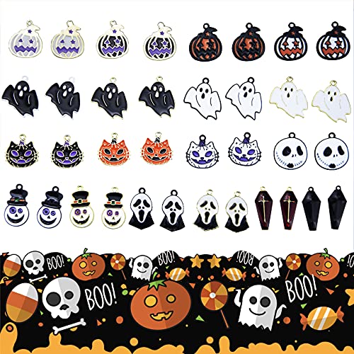 Anower 36 Pcs Halloween Charms Pendants Assorted Gold Black Plated Enamel Pumpkin Ghost Clown Wizard Hat Halloween Charms for Jewelry Making DIY Necklace Bracelet Earring Supplies Accessories