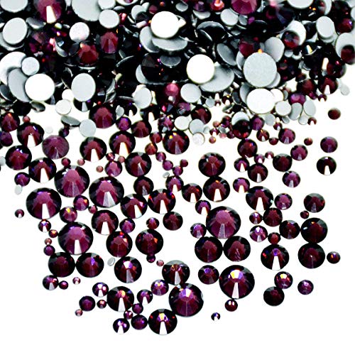 AD Beads 1440 Pieces Mixed Size Glue on Quality Glass Flatback Rhinestones Round Crystal Gems (17 Amethyst) - color: Amethyst 17
