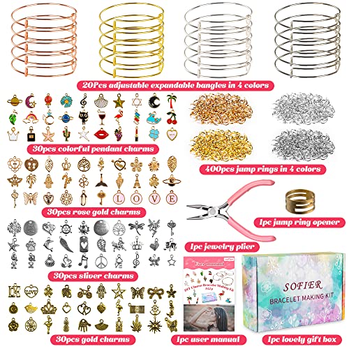 Sofier 542pcs Bangle Bracelet Making Kit DIY Jewelry Making Kit and Supplies Expandable Charm Bracelets Pendants Plier Set Toy Art Craft Gift for Girl Teen Women Adult - color: Multiple