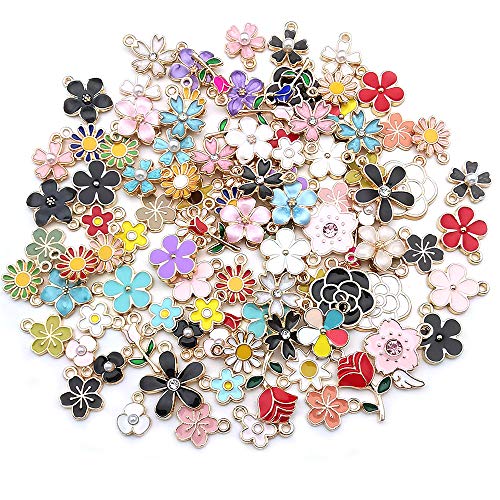 WOCRAFT 100 Pcs Assorted Gold Plated Mixed Enamel Flower Charms for Jewelry Making Necklace Bracelet Earring (M304)