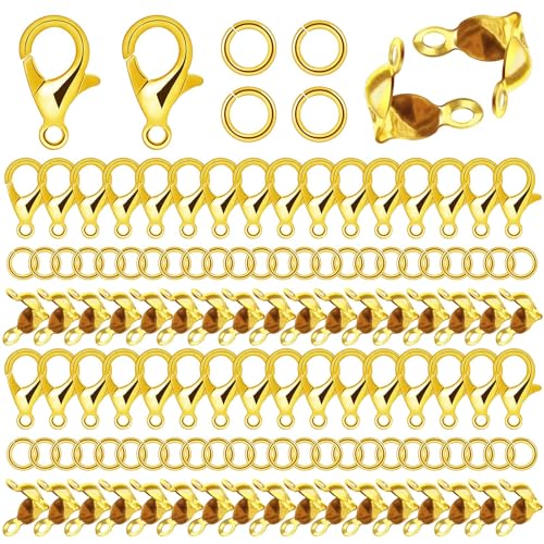1350 Pieces Jewelry Making Accessories Set Includes 800 Pieces Open Jump Ring Connectors 400 Pieces Bead Tips Knot Covers and 150 Pieces Lobster Claw Clasps for Jewelry Making DIY Bracelet (Gold) - color: Gold