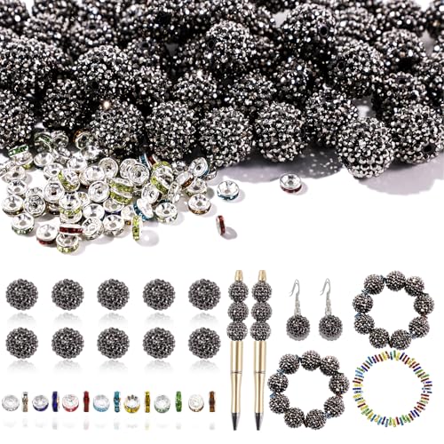 20mm Beads for Pens - 20 Pcs Rhinestone Beads and 220 Pcs Spacer Bead for Beadable Pens - Glitter Acrylic Bubblegum Round Bling Focal Bead for Bracelets - Beaded Pen Supplies (Black Gray) - color: F-Dark Grey, size: 20mm