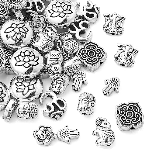 DanLingJewelry 80Pcs 8 Styles Tibetan Religious Beads Antique Silver Buddha Lotus Elephant Religious Spacer Beads for Jewelry Making Crafts - color: 80pcs - religious - 8 styles