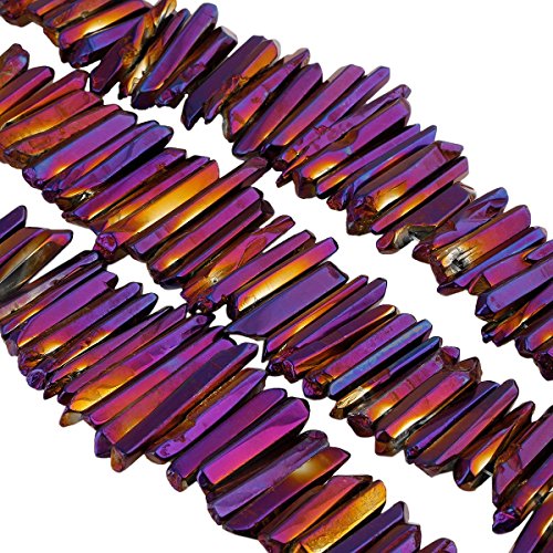 rockcloud Natural Rock Crystal Points Titanium Coated Clear Quartz Sticks Spikes Top Drilled 15 inch Strand,Purple - color: #19-Purple Coated(Polished)