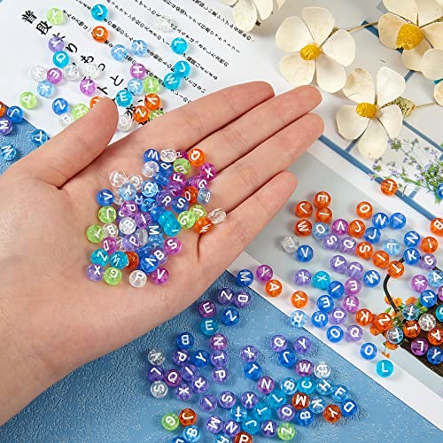 BEEFLYING 1480Pcs 7MM Transparent Acrylic Alphabet Beads Flat Round Disc A-Z White Letter Spacer Beads for DIY Friendship Boho Bracelet Hawaii Summer Holiday Surfing Jewelry Making (Clear Color) - color: White